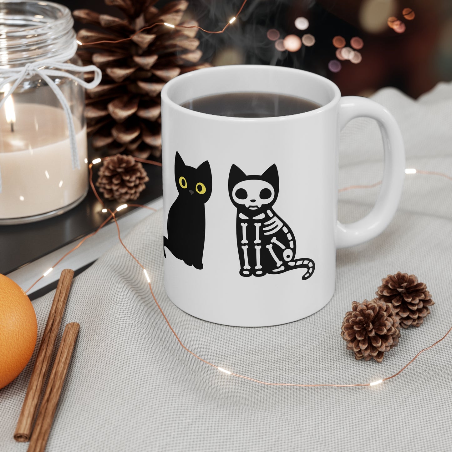 Black Cat Skeleton Mug, Halloween Gift For Black Cat Owners, Coffee Mug