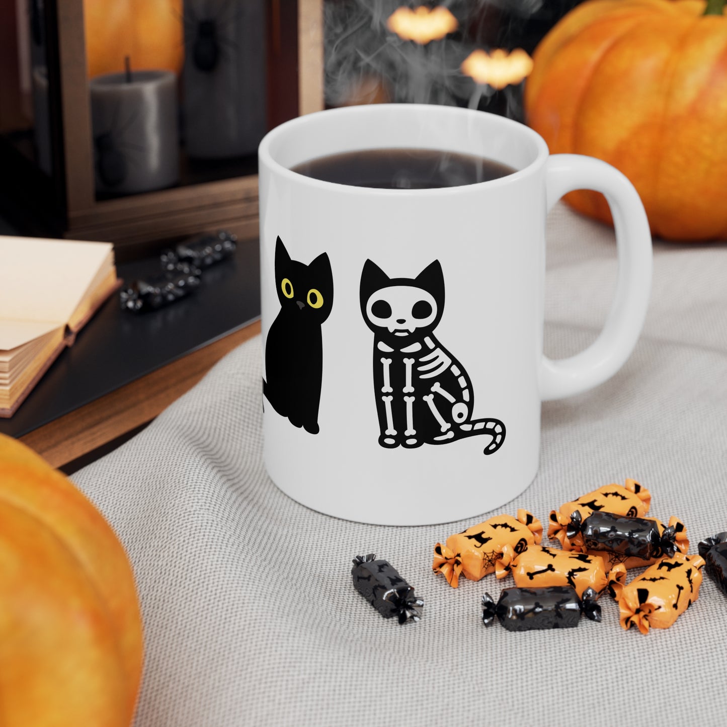 Black Cat Skeleton Mug, Halloween Gift For Black Cat Owners, Coffee Mug